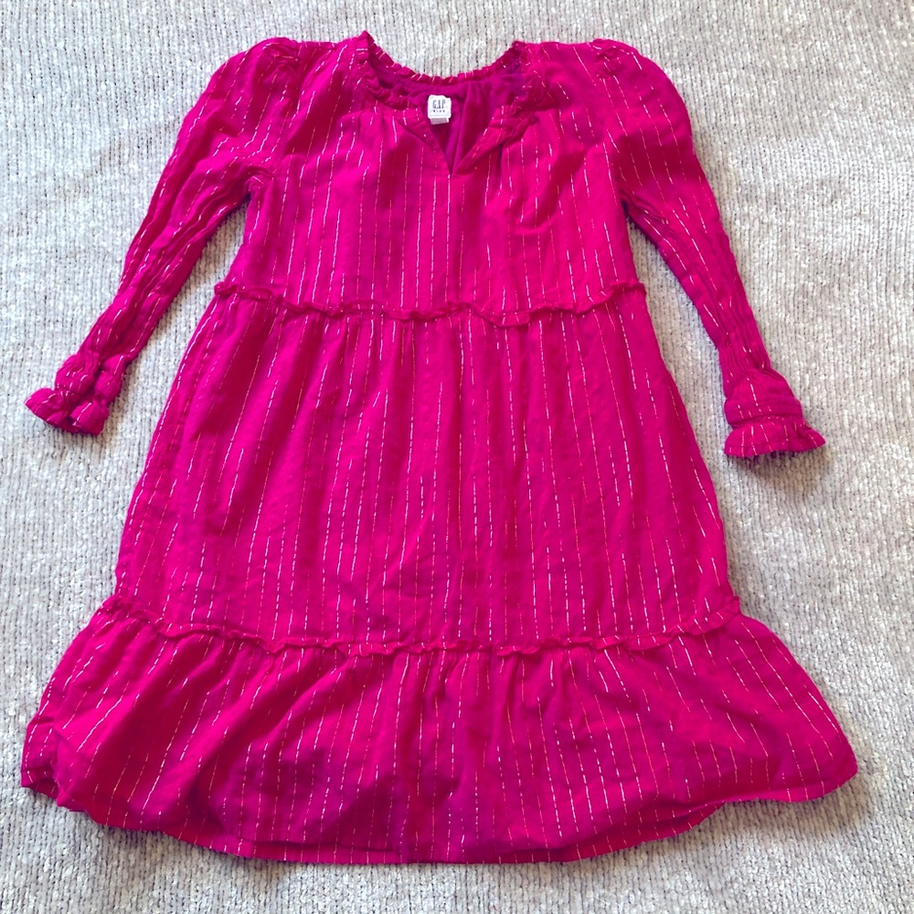 GAP Kids Fuchsia Gold Stripe Ruffle Dress Girls Large 10‎ 12